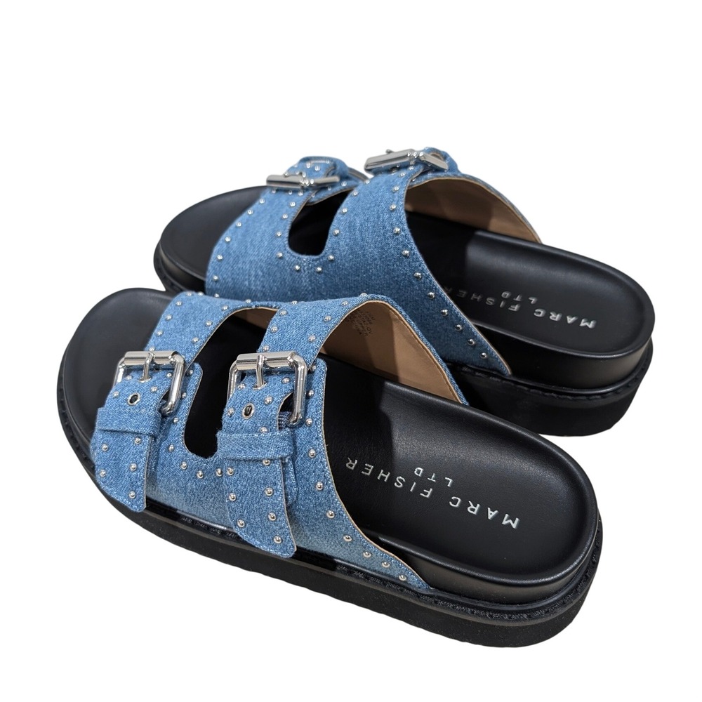 Marc Fisher LTD Agusta Denim Studded Platform Slide‎ Sandals Blue MLAGUSTA2 5.5M